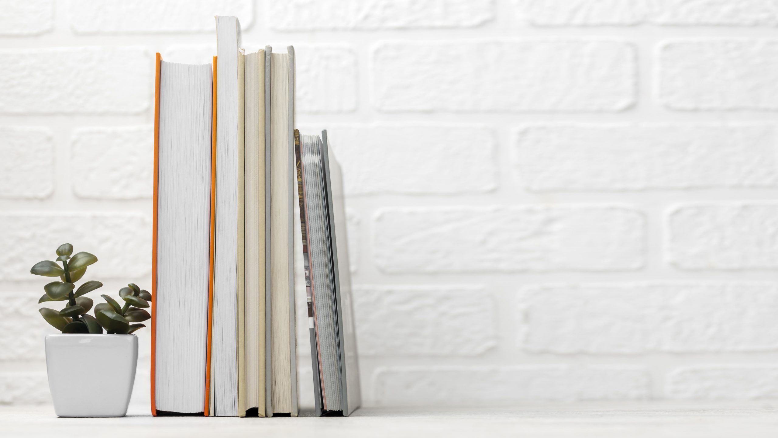 Books placed on the table with a little vase